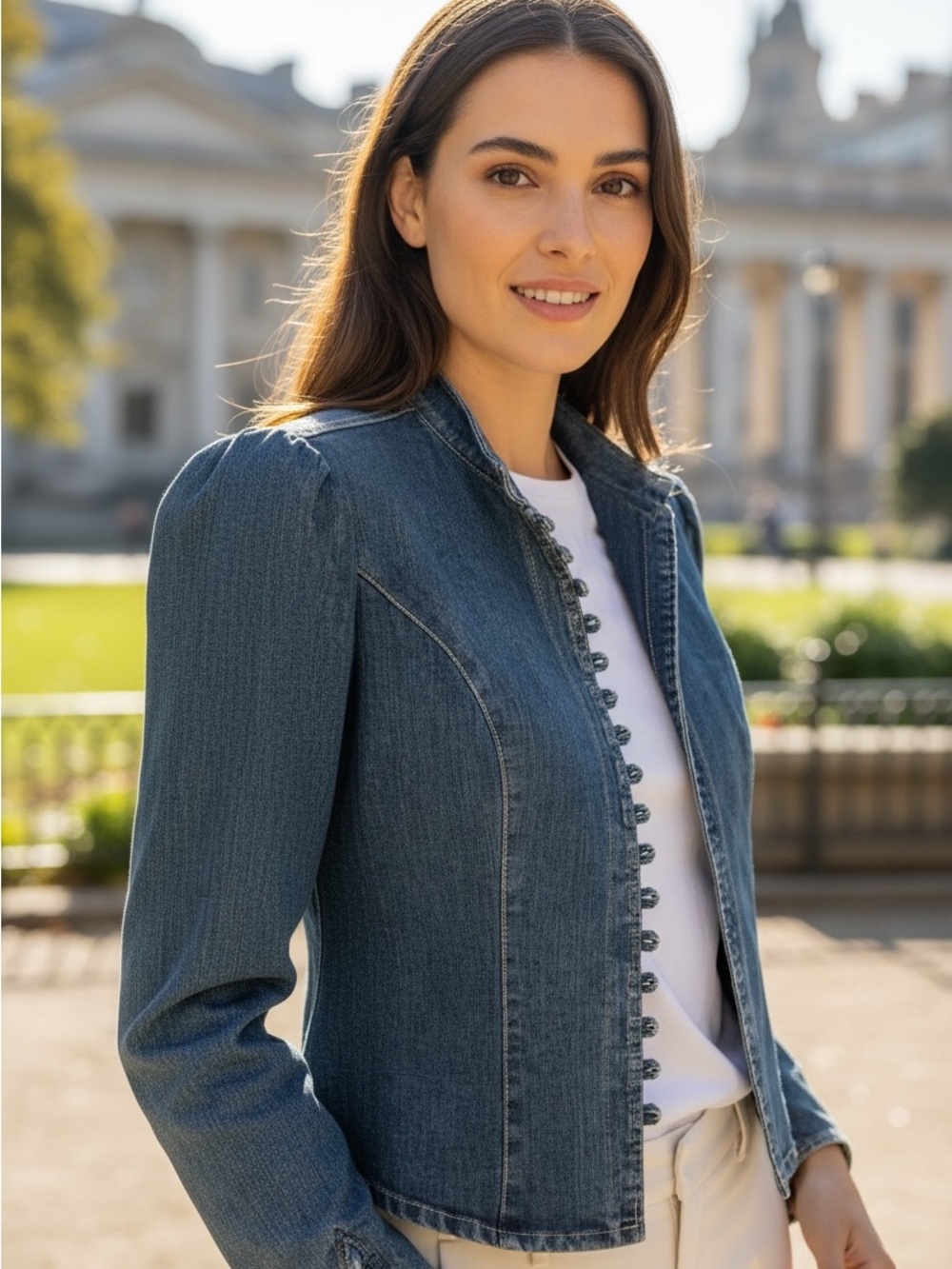 Go Couture Dark Blue Denim Peplum Jacket with Button Front